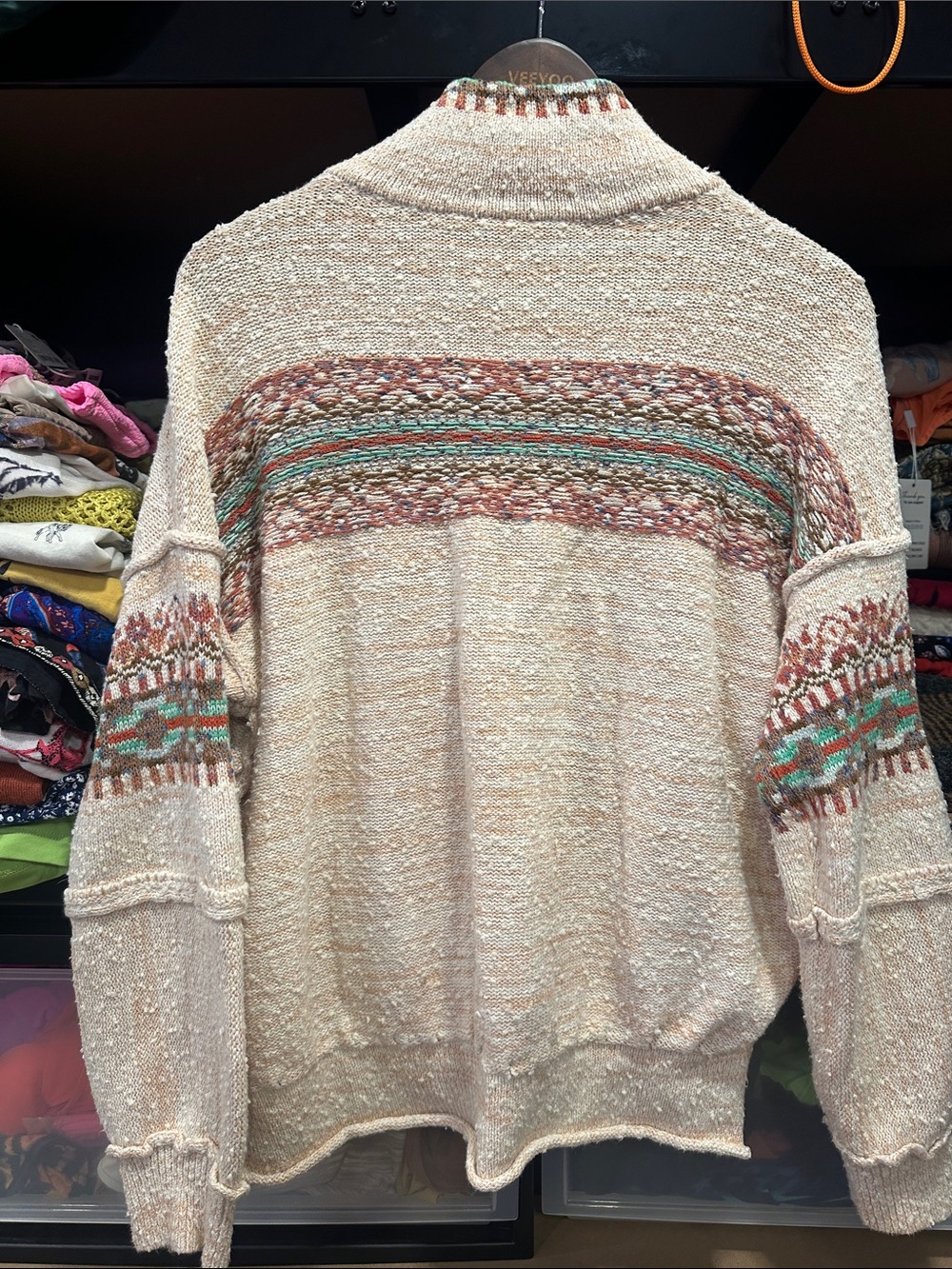 Pilcro Cream Cowl-Neck Sweater with Teal & Rust Stripes beachy poncho - Picture 5 of 9